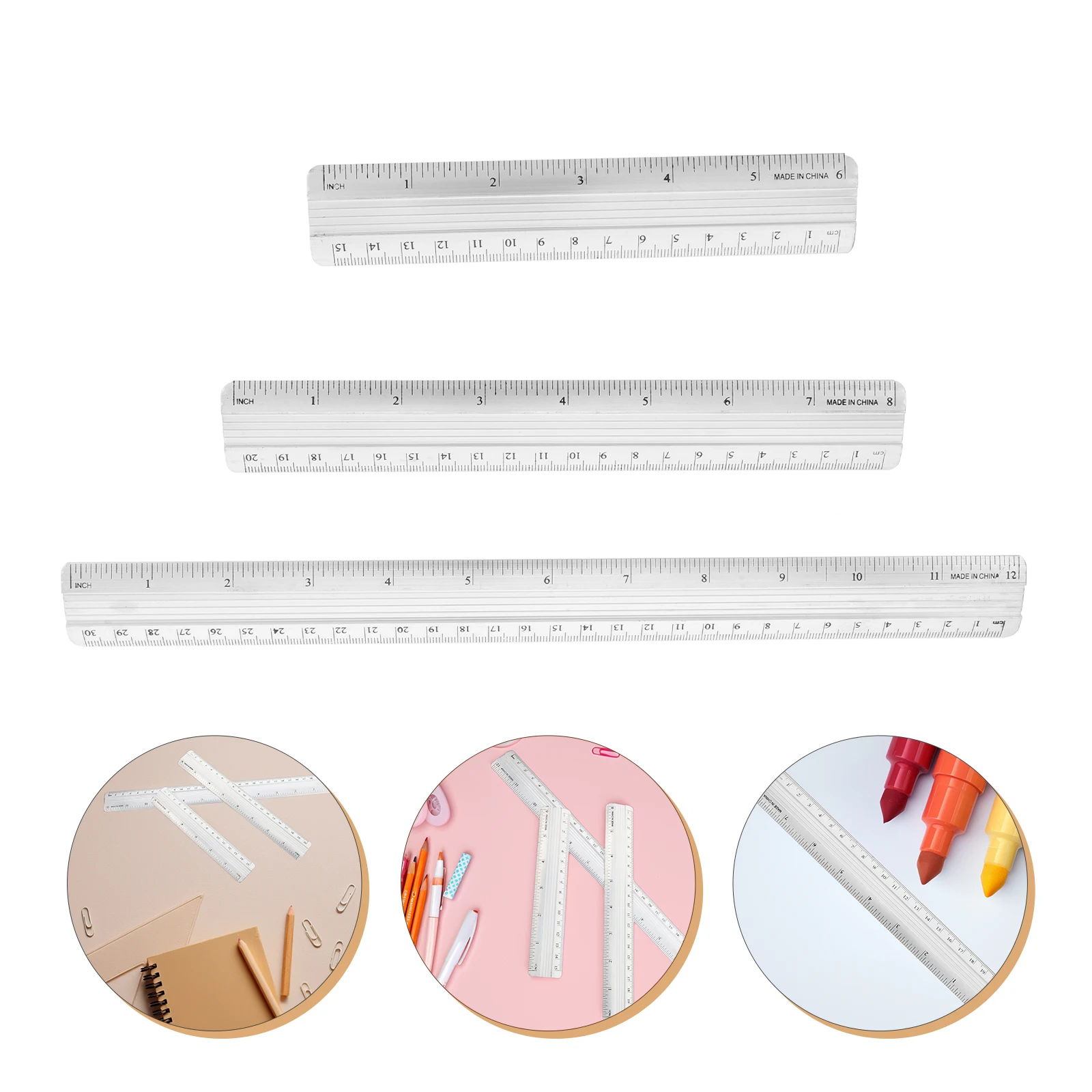 

6pcs Aluminum Alloy Ruler Set Precision Metal Straight Ruler Dual Measurement Units Smooth Edges For Drawing Measuring