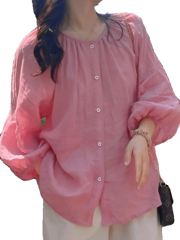 Sweet Sle Coreano rotondo Ne Long Sve Donna irt Trendy Riduzione dell'età Primavera Autunno Casual Pendolarismo Taglio dritto Top in seta