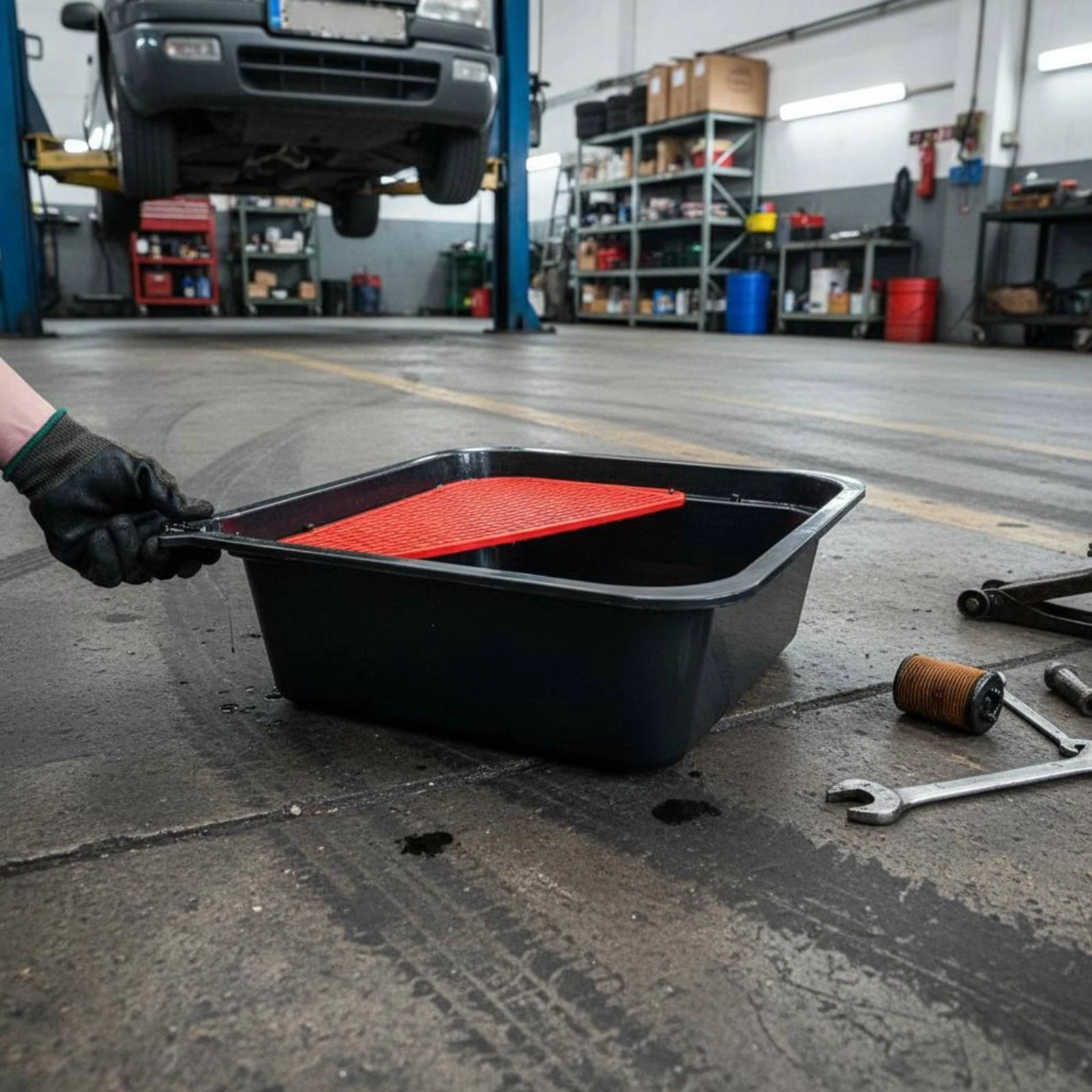 Oil Drain Pan Raised Edges Engine Oil Drain Pan Vehicle Maintenance Molded Finish Garage Equipment Wide Exposed Top for Workshop