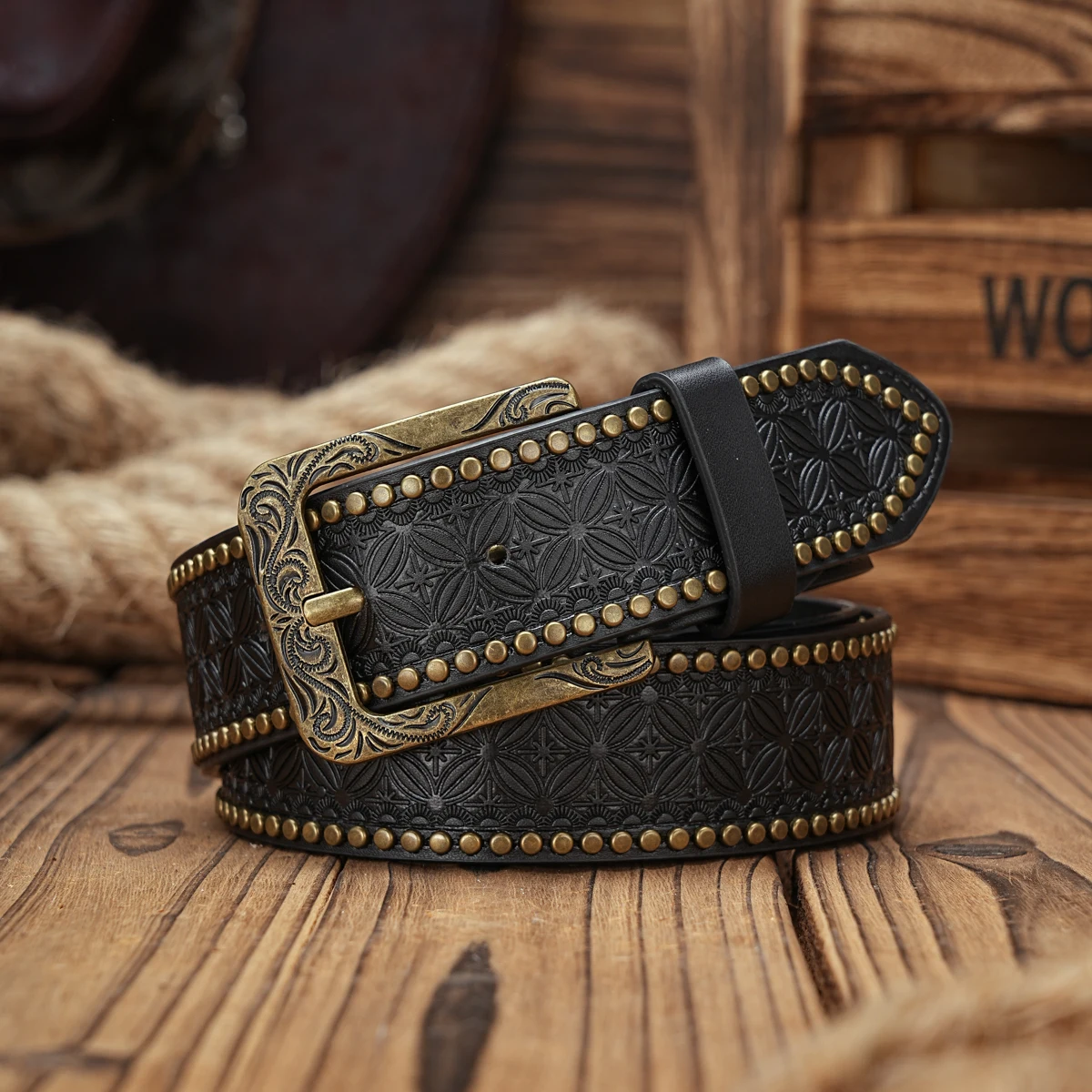 Men & Women-Western-Cowboy-PU Leather-Belts - Vintage horse Belt Floral Engraved Buckle Belt for Jeans