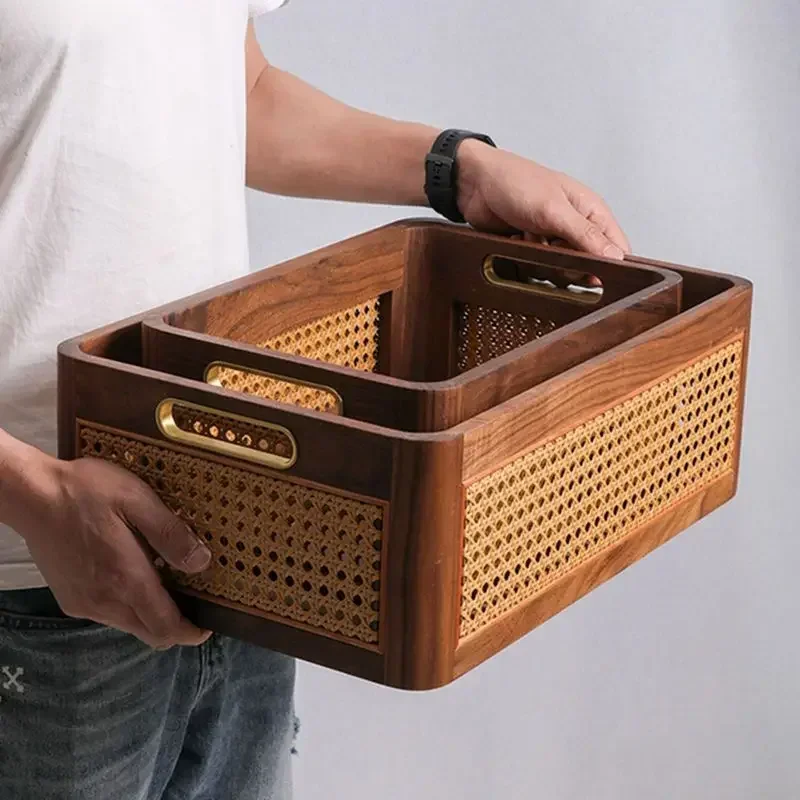 Black Walnut Storage Organizer Vine Weaving Design Storage Basket Multi-function Organizer Boxes Brass Handle Toy Basket