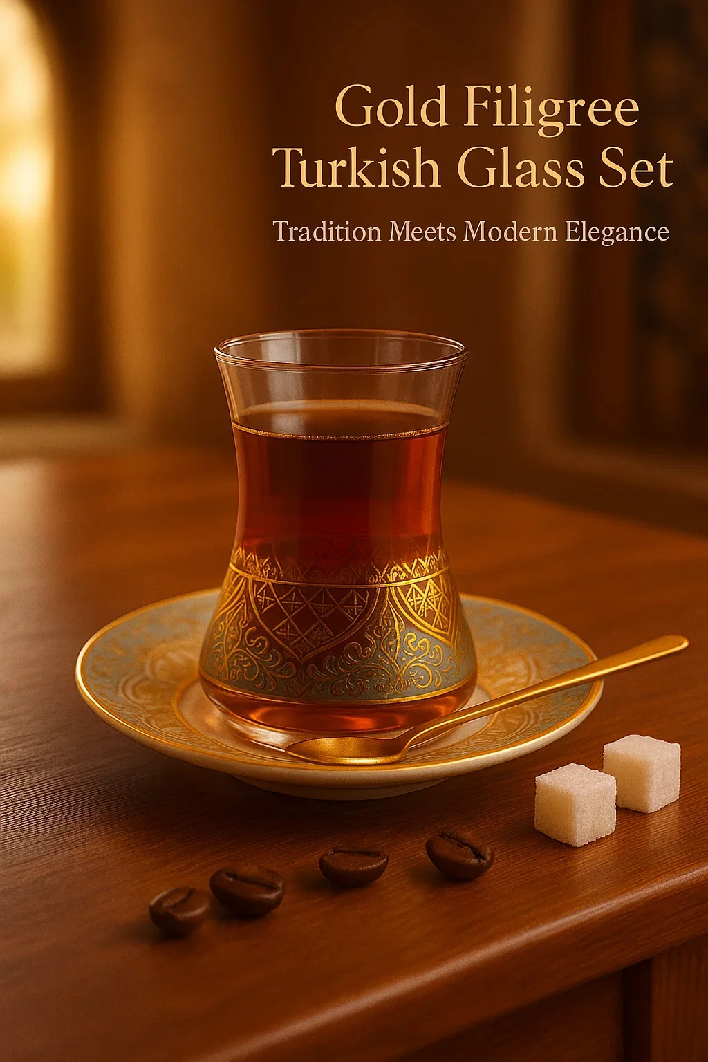 

High-Grade Turkish style Blue Gold heat-resistant glass coffee cup tea cup set with Saucers Spoon Drinkware Set
