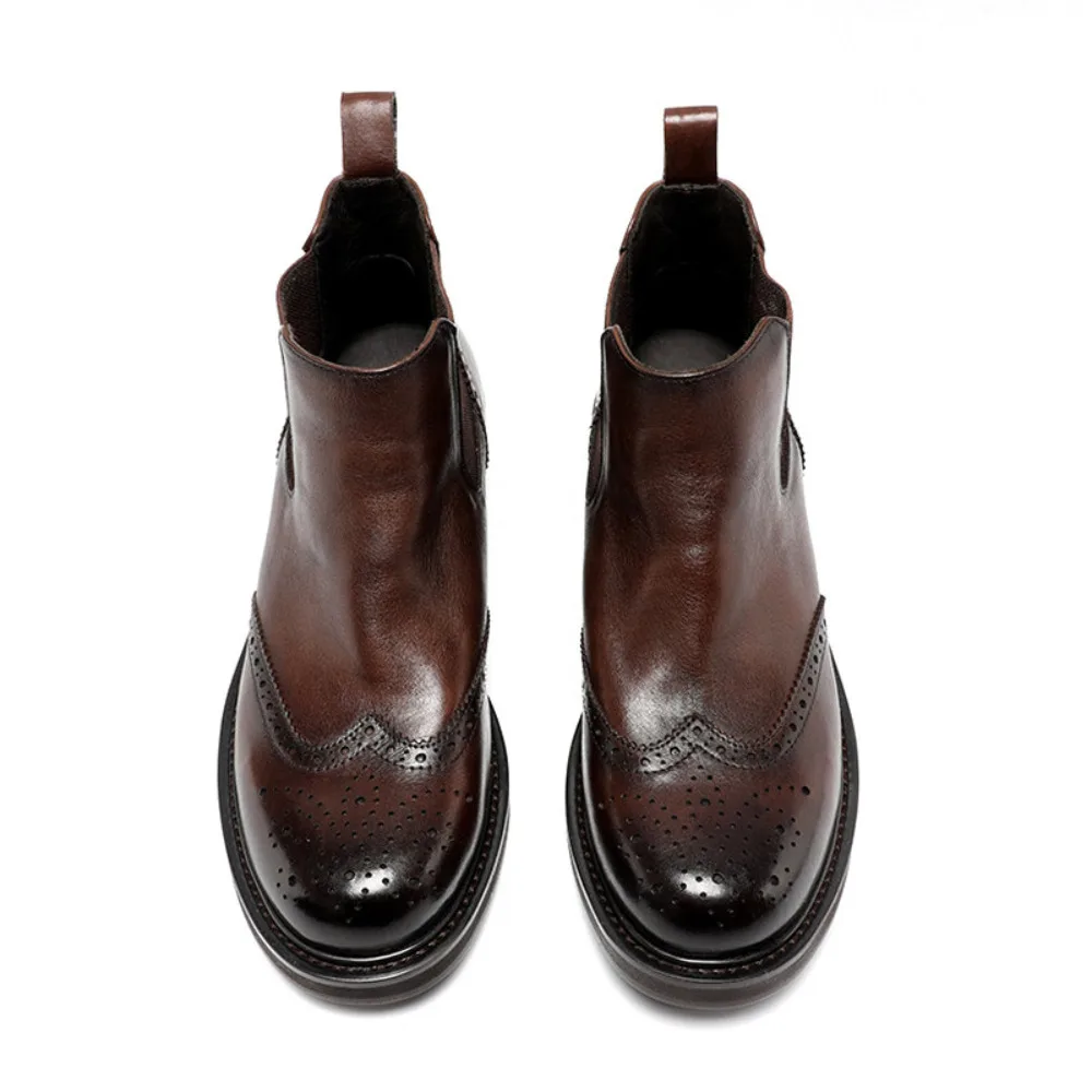 Vintage Washed Genuine Leather Boots For Men Retro British Style Carved Leather Cowboy Boots Durable Casual Mens Ankle Boots