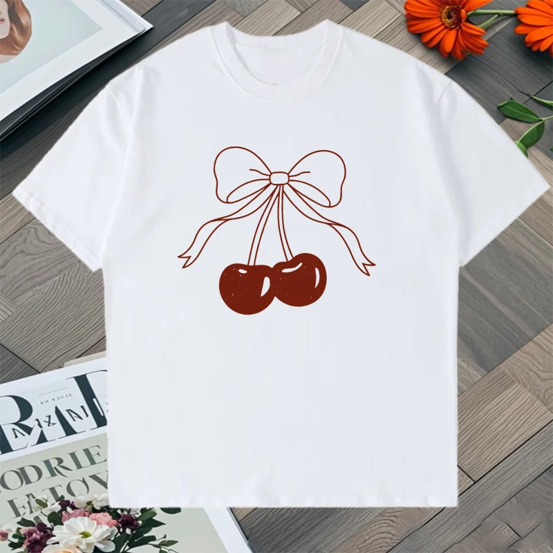 

High Quality Bow Cherry Graphic Print Harajuku Tee shirt 100% Cotton Men Women short sleeve Trend T-shirts Crew Neck Unisex Tops