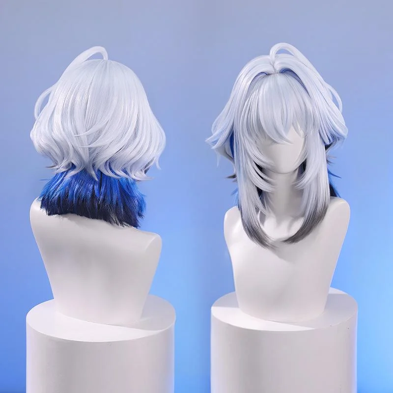 Jogo wuthering ondas galbrenr peruca cosplay prateado cinza azul curto cabelo encaracolado resistente ao calor perucas sintéticas adereços de halloween