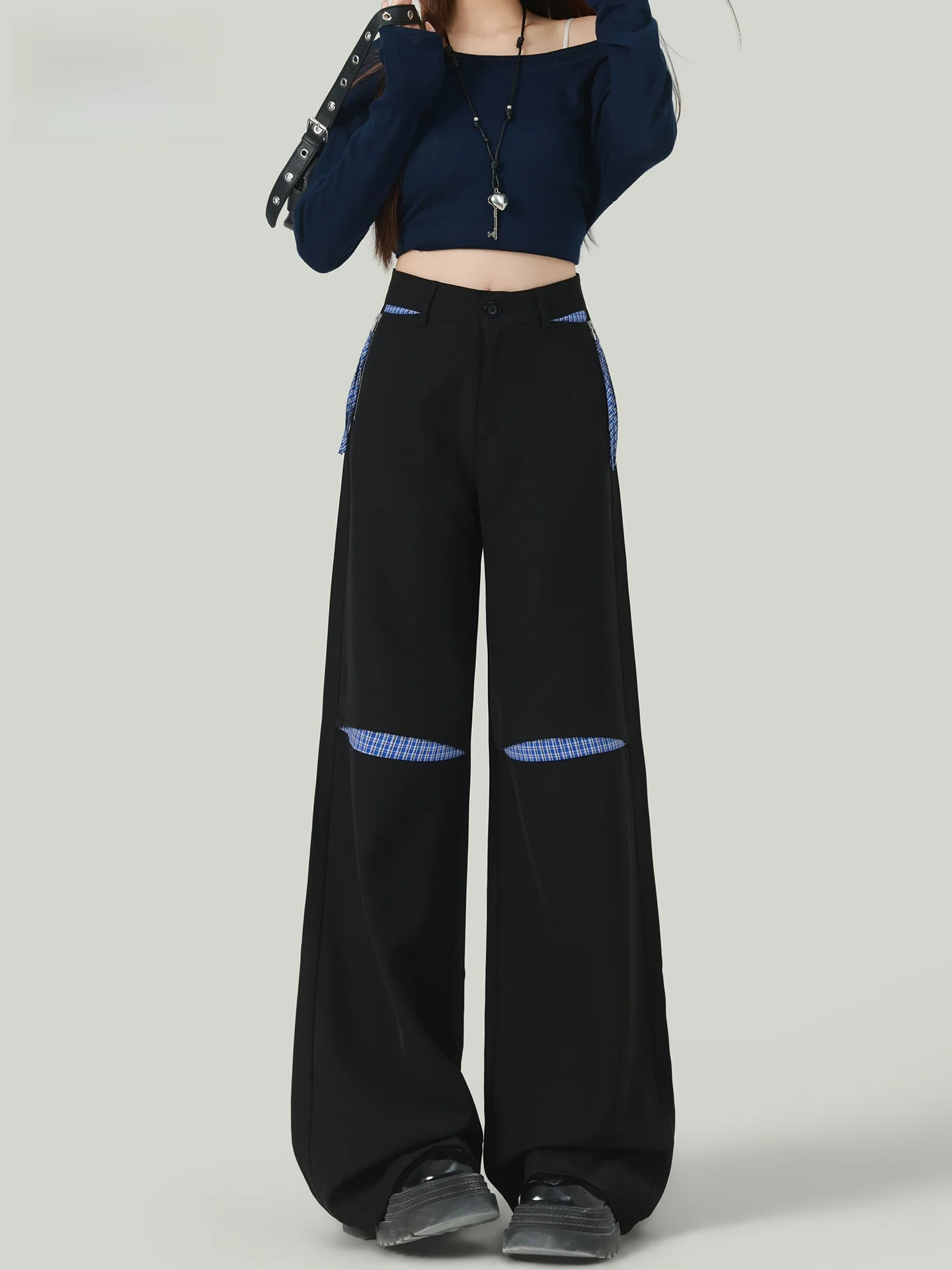 

Женские брюки с высокой талией и широкими штанинами, черные в полоску, летние, в американском стиле, уличная мода, с эффектом пэчворк