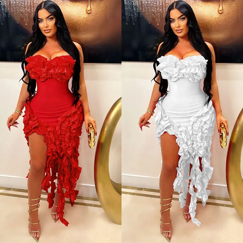 Women Strapless Ruffles Tassel Splicing Irregular Birthday Bodycon long Maxi Dress 2024 Even Sexy Party Dresses Vestidos