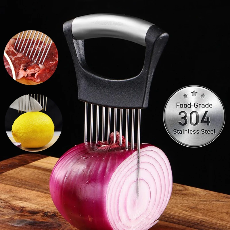 Stainless Steel Onion Cutter Holder Food Slicers Assistant Tomato Onion Slicer Holder Vegetables Cutting Fork Kitchen Gadgets