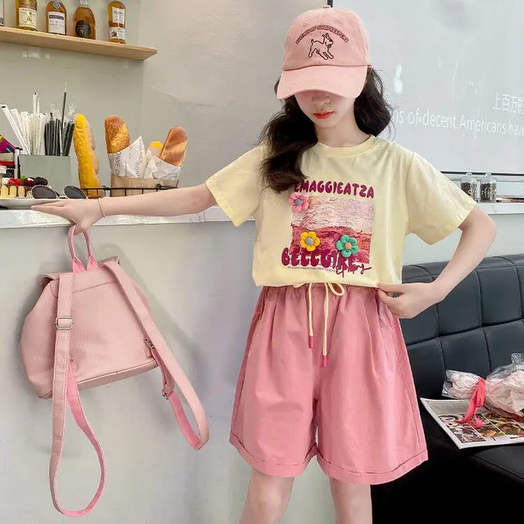 

2025 summer girls Clothes Child set Sports Suit Teen tracksuit letter print flower t shirt top + short pants 4 7 8 10 11 12 year