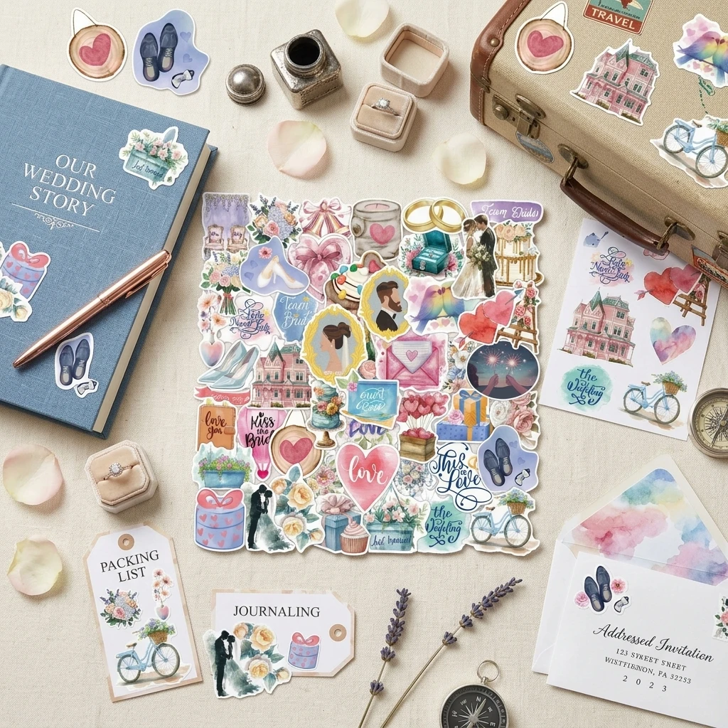 50Pcs Wedding Stickers For Luggage Laptop DIY Party Decor, Waterproof PVC Graffiti Decals, Easy Peel and Stick For Adults
