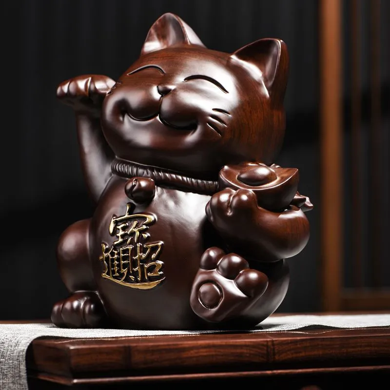 

Wood Carving Ornaments Lucky Cat Solid Wood Carving Shop Store Opening Cashier Decoration Red Wood Craft Gift