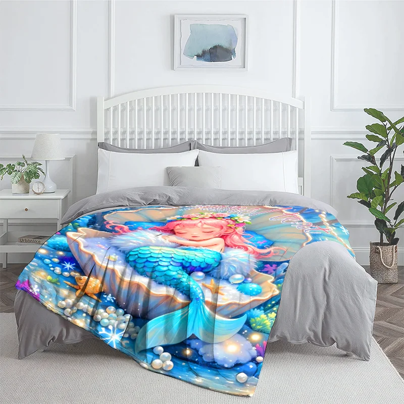 1pc Customizable Mermaid Shell Design Flannel Throw Blanket - Personalized Name Digital Print, Tear Resistant, All-Season Cozy L