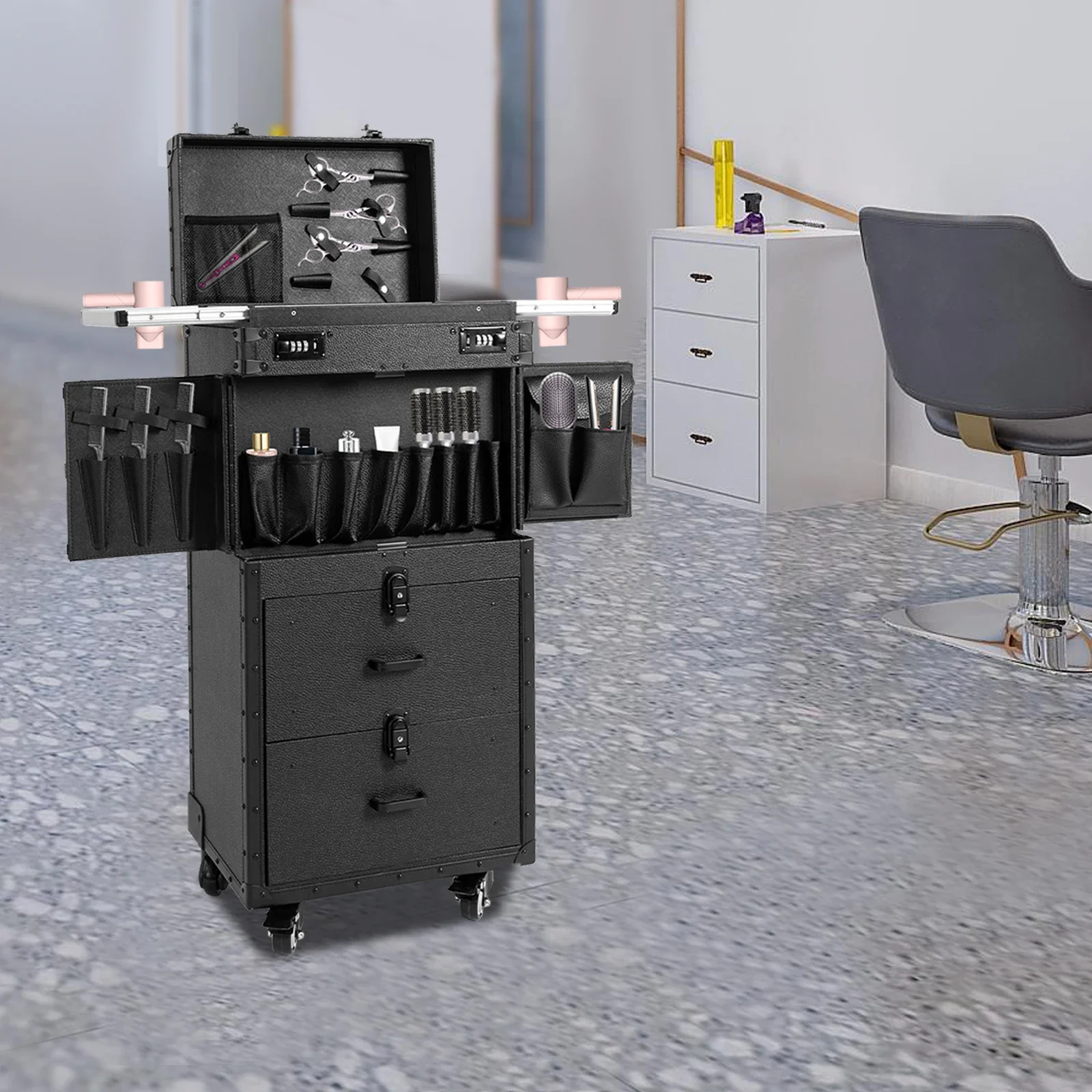 Винтажный черный чехол для парикмахерских инструментов на колесиках с улучшенными металлическими колесами — полностью черная тележка для стилиста для профессионального использования в салоне