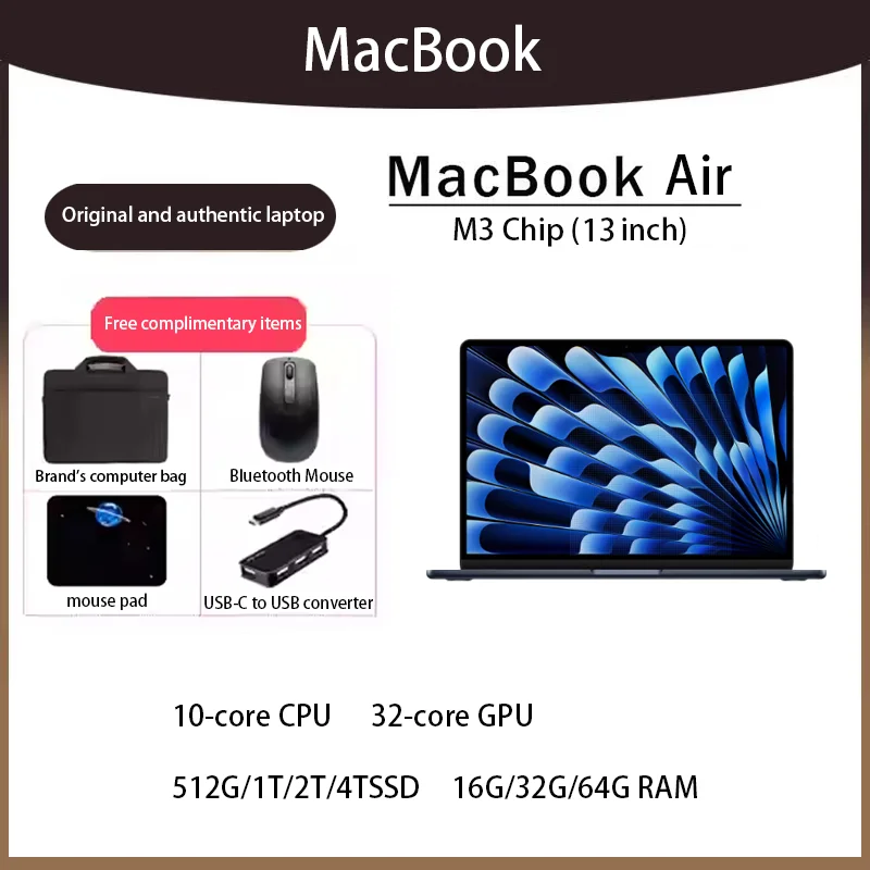 2024 MacBook AIR M3 13Inch 8-core CPU 10-core GPU 256G/512G/1T/2T/4TSSD 16G/32G/64G RAM Notebooks Laptop.