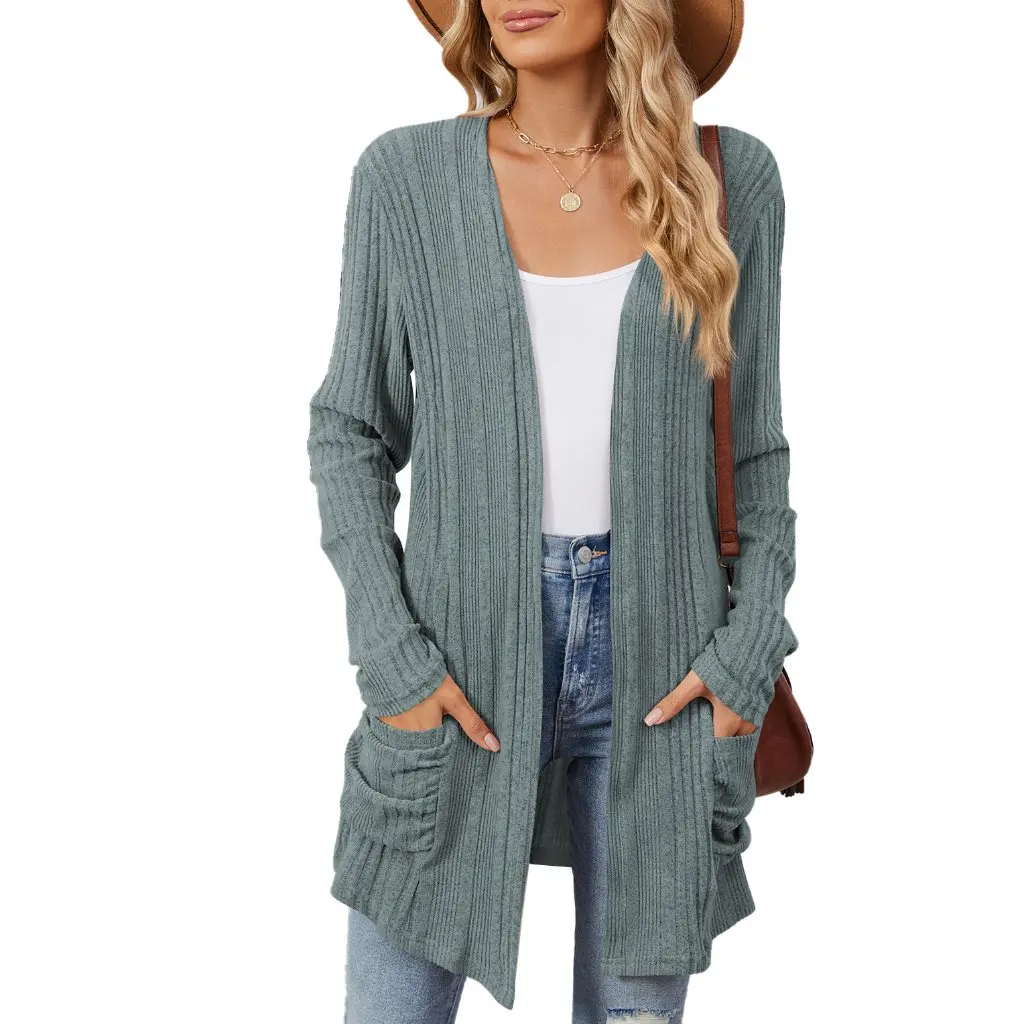 

Women's Solid Color Sanding Pocket Long Sleeve Cardigan Coat Autumn Winter Top by Europe And US Trade