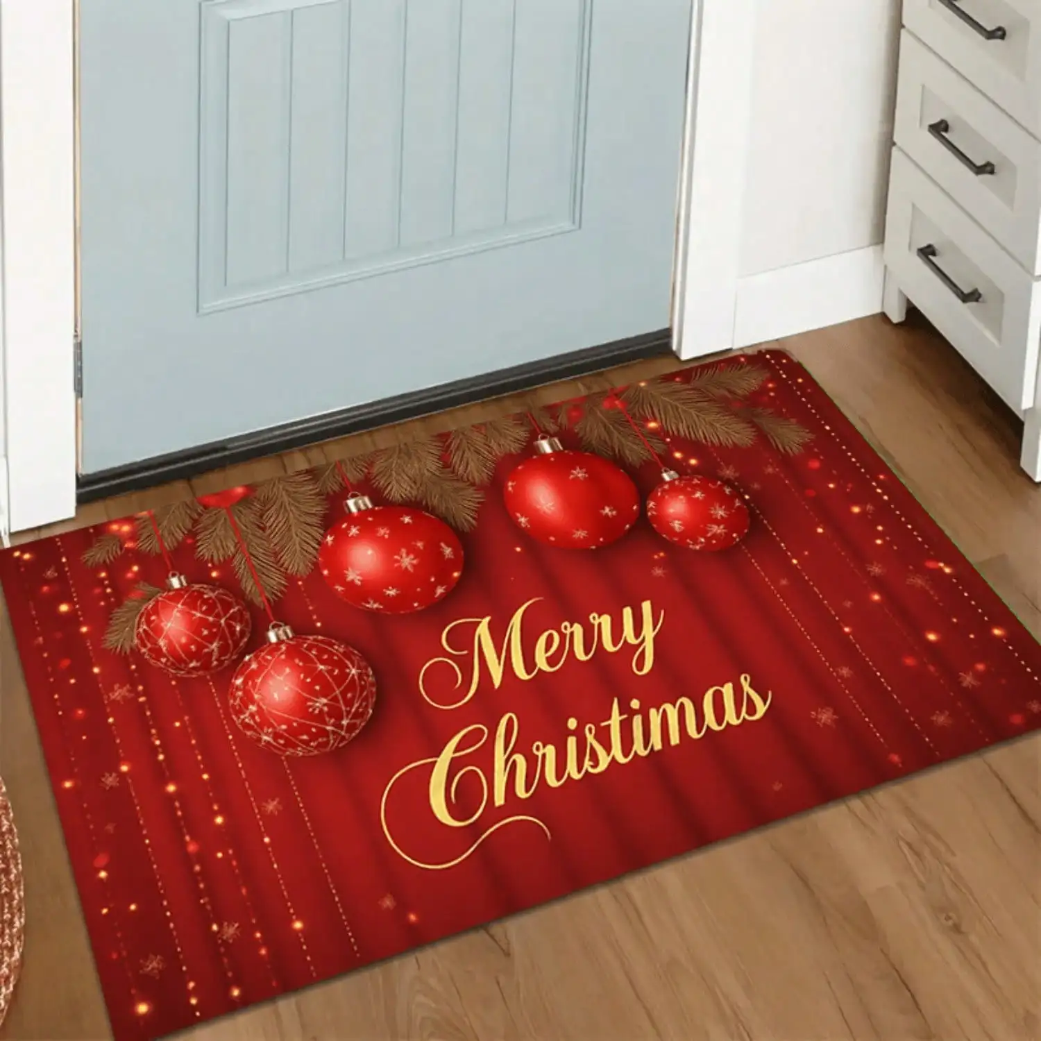 1pc Elegant Red & Golden Glitter Christmas Door Mat Mat With Golden Lettering - Soft Absorbent Anti-Slip Washable Quick-Dry Durable Mat For Entryway, Hallway