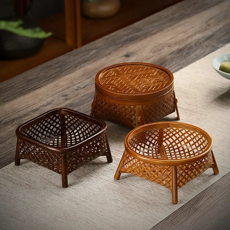 Bamboo woven fruit basket large lacquer round mouth storage basket snack snack handmade bamboo woven tea box retro refreshment