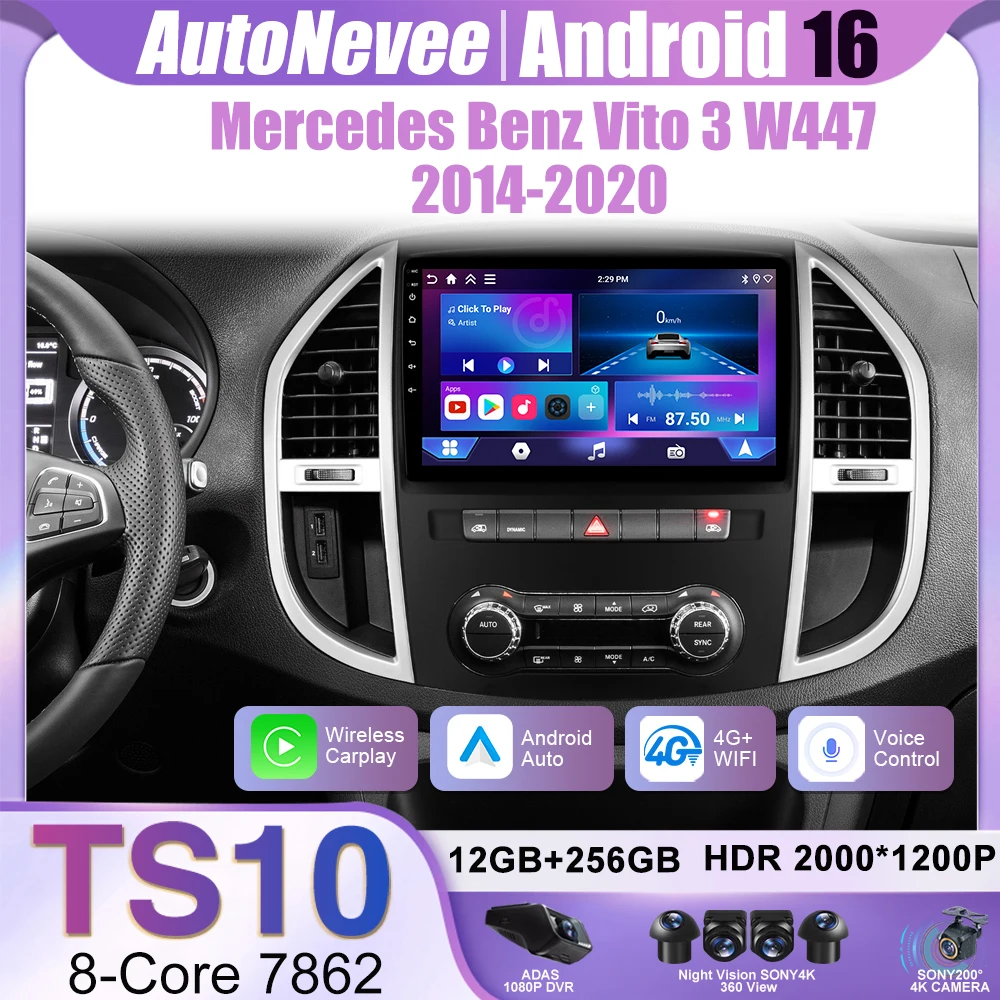 Rádio Automotivo 4G+WIFI Carplay Android 16 Para Mercedes Benz Vito 3 W447 2014-2020 Reprodutor Multimídia Automotivo com Vídeo, Navegação, Estéreo e GPS