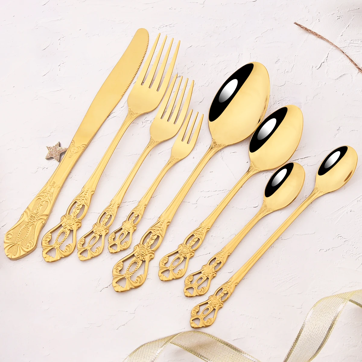 36Pcs Gold Cutlery Set Vintage Stainless Steel Dinnerware Set Knife Fork Tea Spoon Dessert Fork Tableware Kitchen Party Flatware