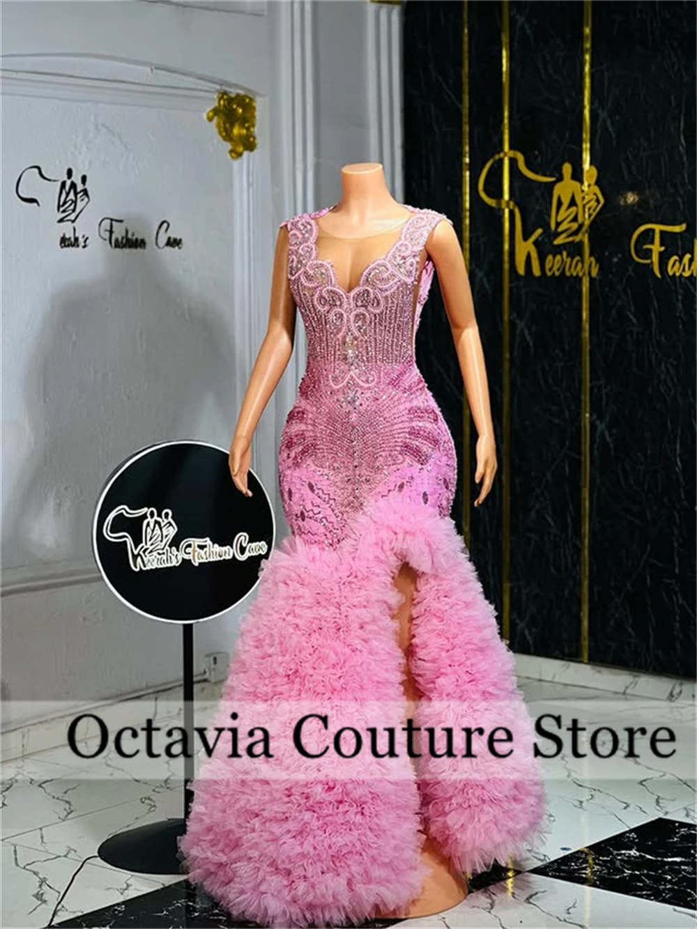 Pink Sequin Long Prom Dresses For Black Girls Bead 2025 Birthday Luxury Dress Ruffles Evening Gown With Split Customized