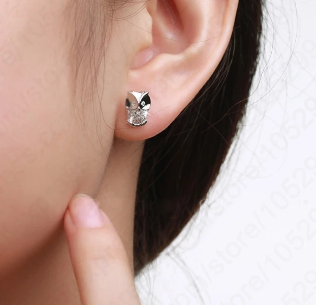 New Fashion 925 Sterling Silver Mini Animal Owl Jewelry Shiny CZ Crystal Woman Stud Earrings Girls Birthday Gift Ear Studs