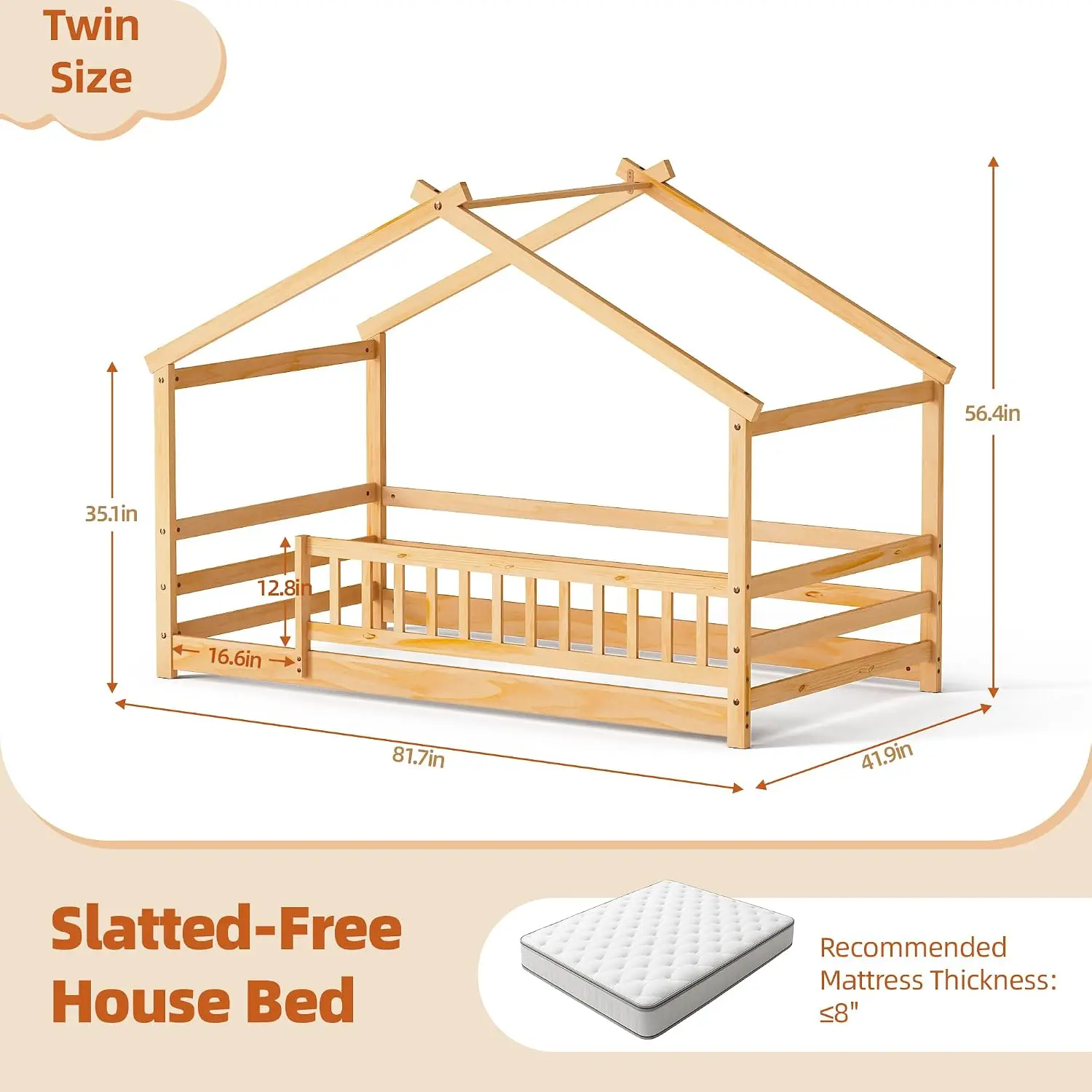 Twin House Bed, Montessori Floor Bed with Fence and Roof, Solid Wood Low Bed Frame with Headboard & Footboard for Boys & Girls, No Box Spring Needed, Natural