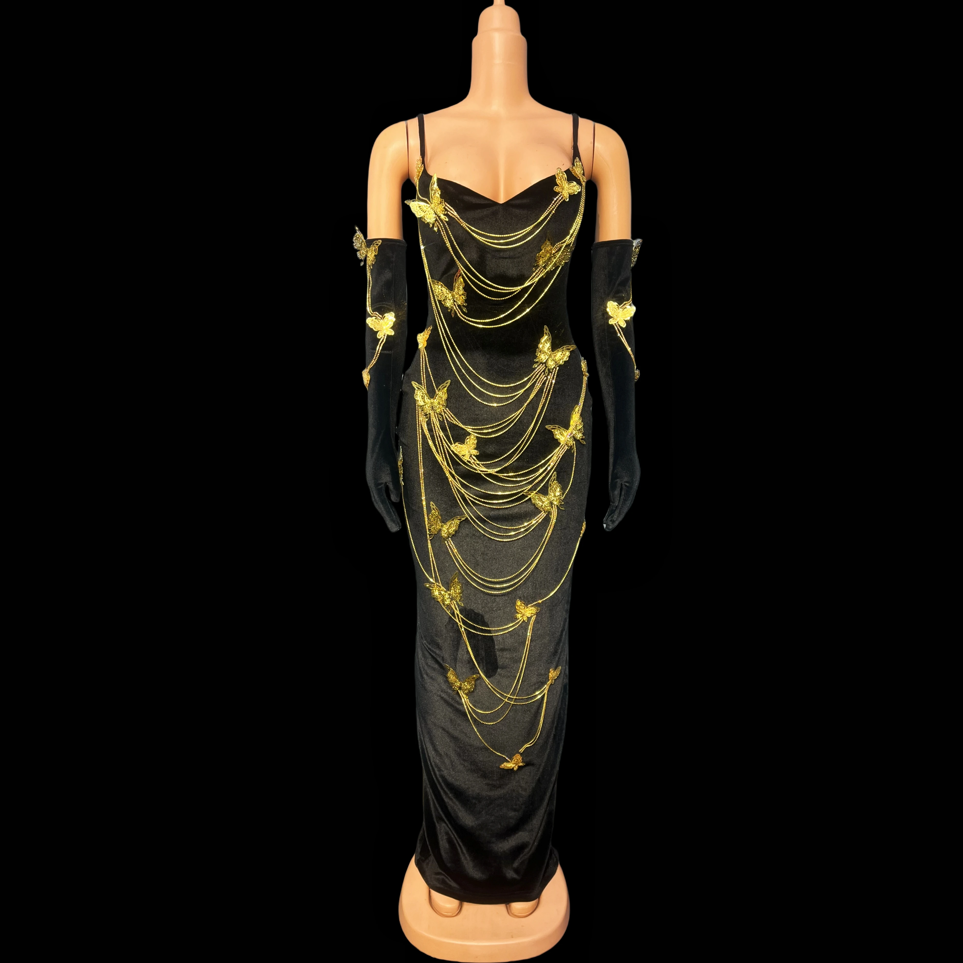 

Fashion Black Velvet Evening Dress Gold Butterfly Chains Golves Dresses Sexy Lady Celebrate Costume Hudie