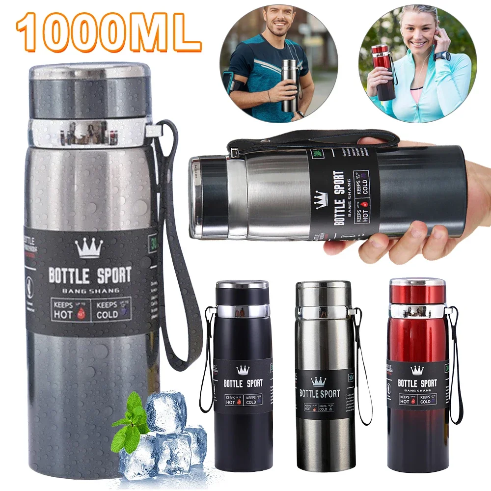 1000ml Vacuum Double Insulation Cup with Handle Portable Sports Bottle Stainless Steel Outdoor Vacuum Flask for Hot Cold Drinks