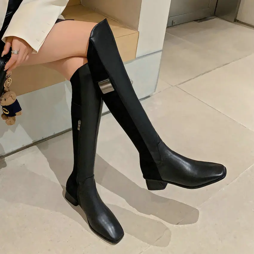 QUTAA 2024 Women Knee-High Boots Genuine Leather Med Heels Square Toe Zipper Knight Boots Autumn Winter Office Lady Size 34-39