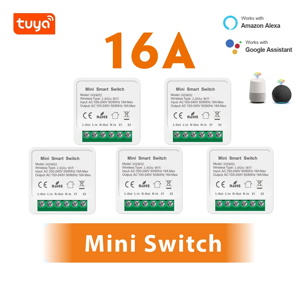 16A Tuya Wifi Mini Smart Switch 2-Way Smart Life DIY Automation Relay Breaker Works With Alexa Google For Smart Home Decoration