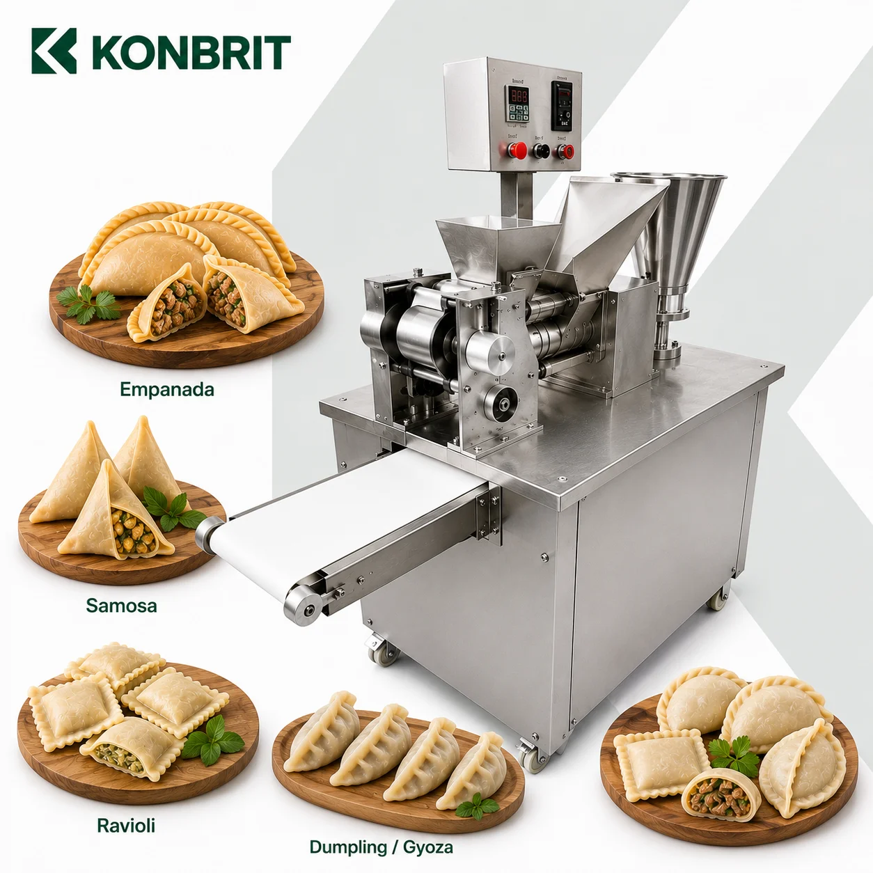 120max Type New Upgraded Low Noise Low Energy High Output Variable Frequency Dumpling Empanada Samosa Machine with Conveyor