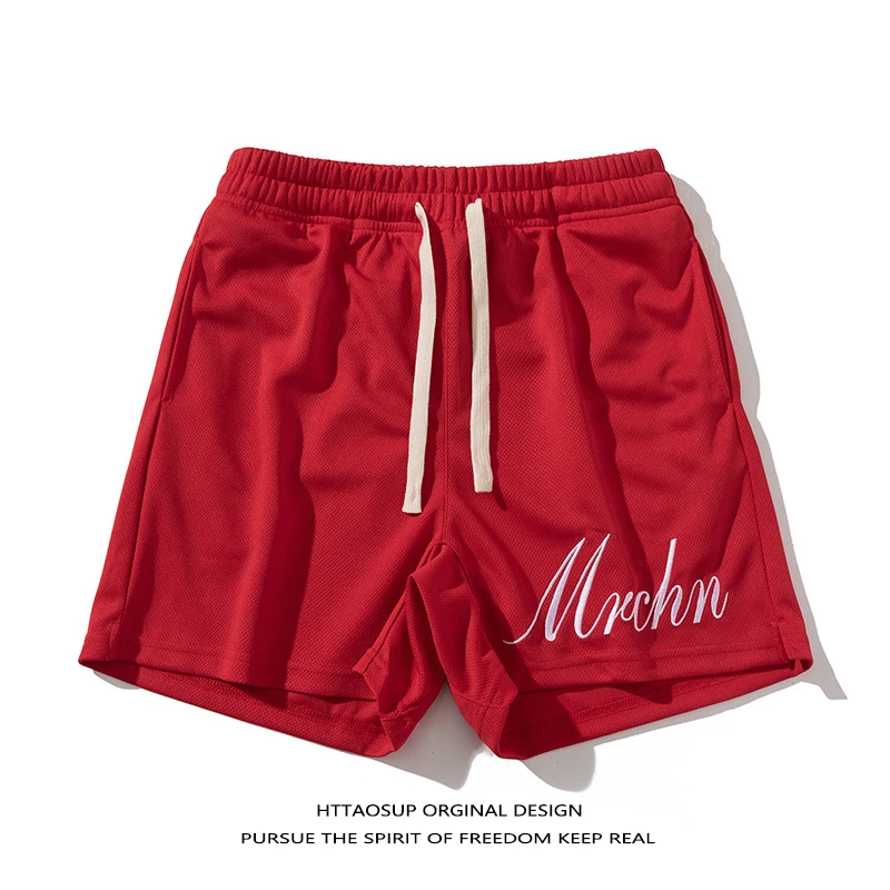 

HTTAOSUP2026 Men's Mid-Waist Sports Shorts Knee-Length Embroidered Letter Casual Loose Fit Polyester Shorts for Summer