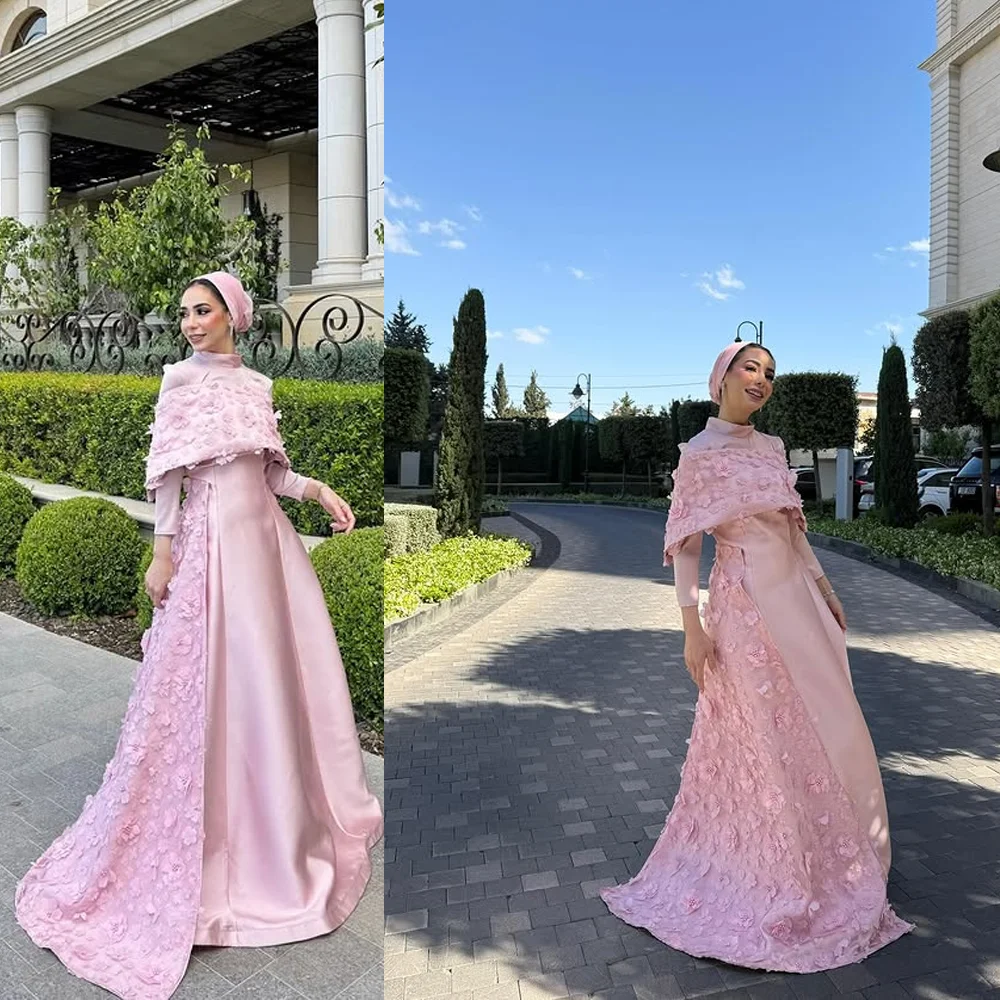 فساتين سهرة عربية بأكمام طويلة ورقبة عالية من الساتان على شكل حرف A فستان حفلات طويل ساحر مع دانتيل زهري