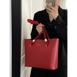 Large Capacity Simple Solid Color Tote Bag Fashion Design Sense Leather Texture Bridal Handbag Women New Portable Commuting Bag