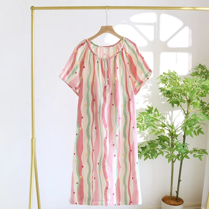 New Summer Ladies Dress 100%Cotton Crepe Nightdress Short Sleeve Skirt Round Neck Color Cute Home Mid Length Dress Plus Size