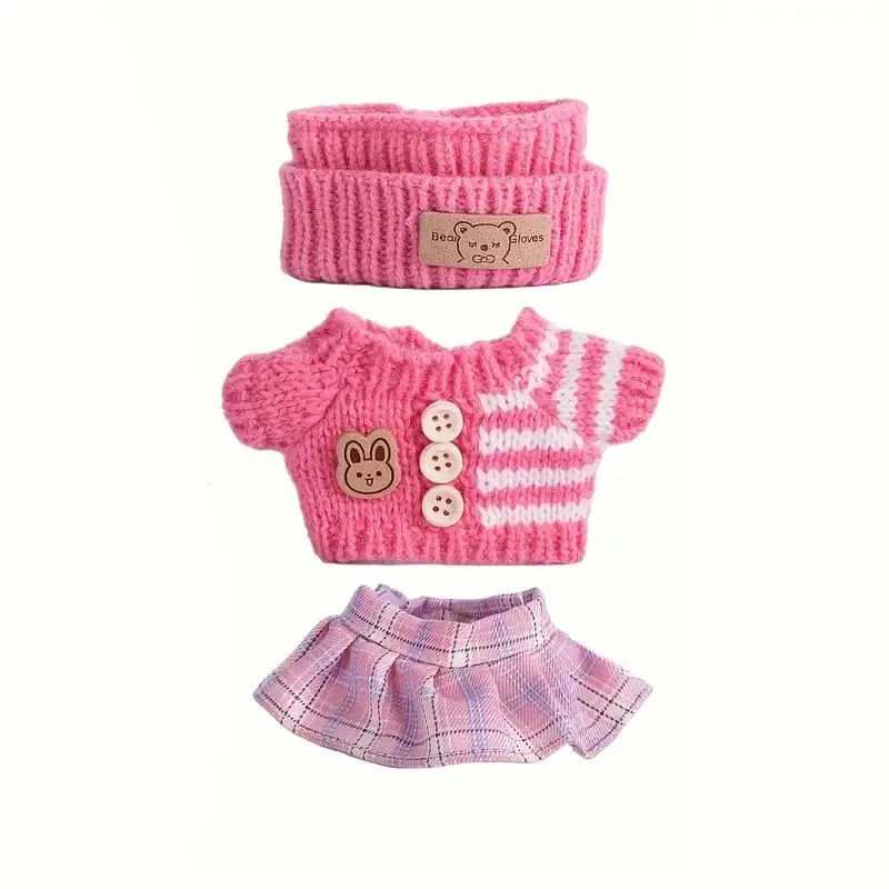 مجموعة واحدة من مجموعات الملابس الوردية مناسبة لـ Labubu (وشاح الرأس + سترة + نمط مجموعة التنورة، باستثناء الدمى) دمية ذاتية الصنع