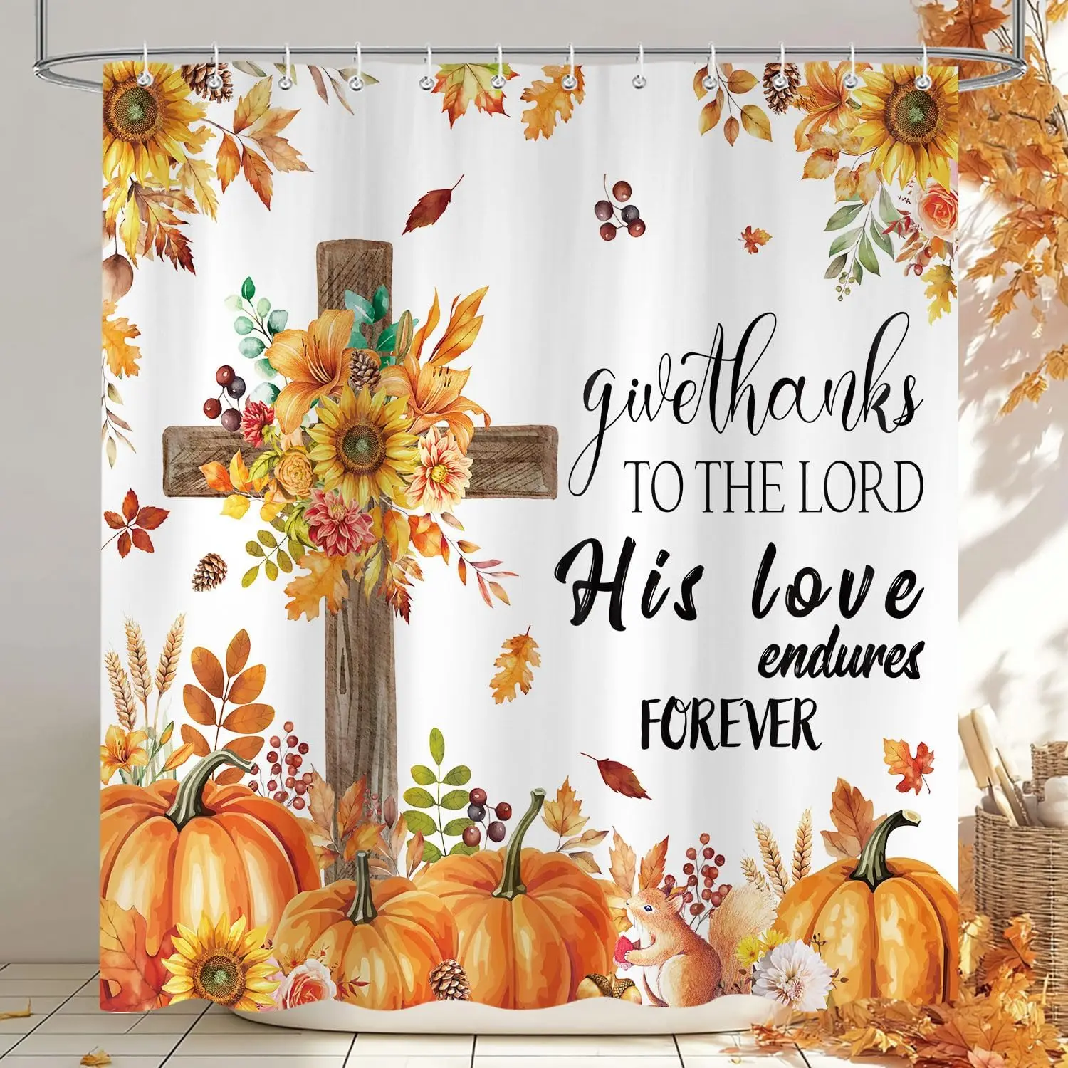 

Осенняя занавеска для душа на День Благодарения, водонепроницаемая ткань с тыквенным листом и цветочным рисунком подсолнечника с 12 крючками 72 х 72 дюйма