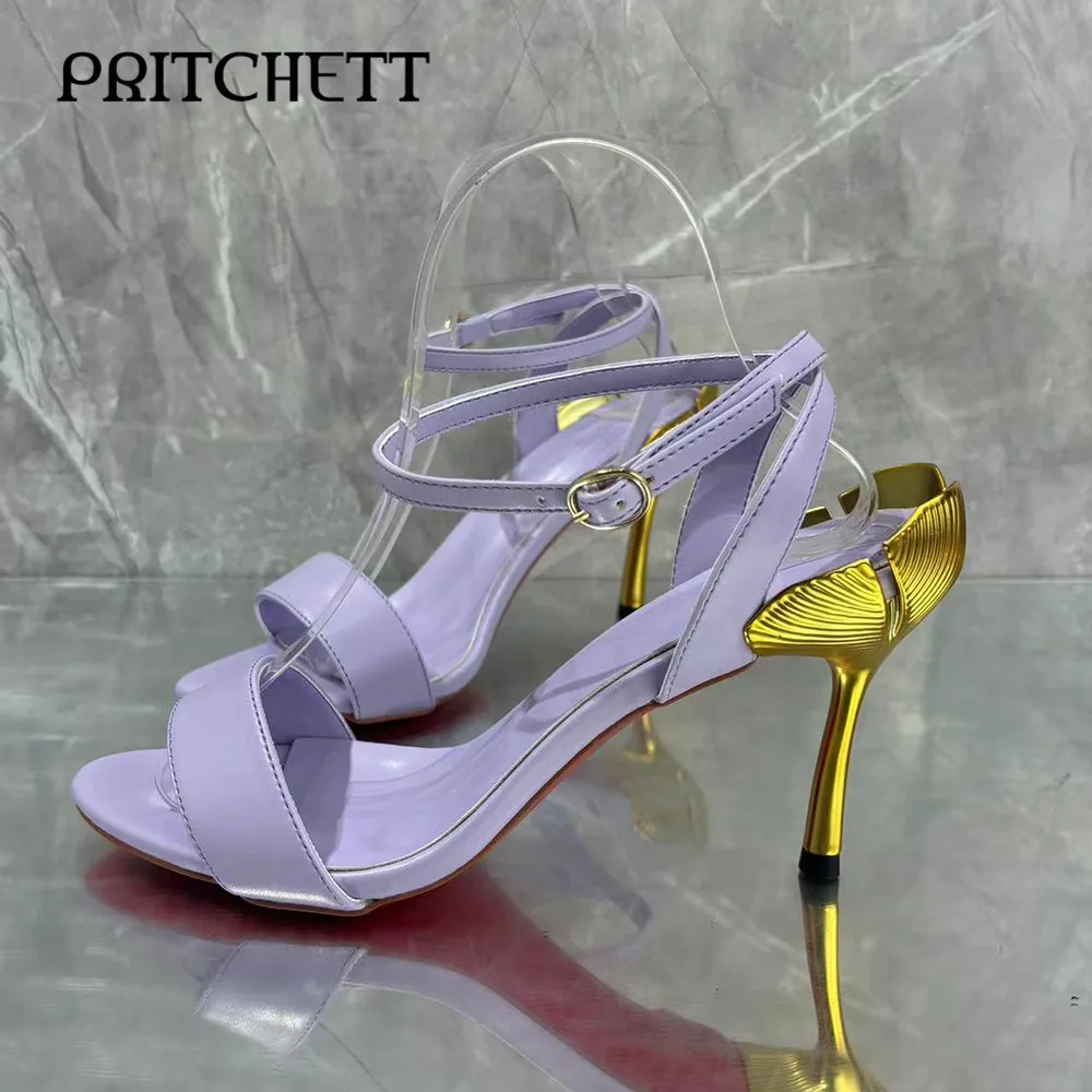 

Golden Petal Heel Sandals Purple One-Line Straps Round Toe Stiletto Heels Elegant Sandals Large Size Elegant Women's Shoes