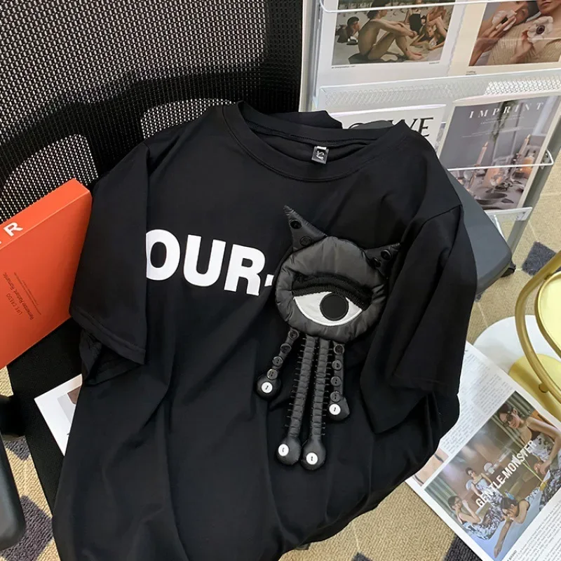 Three-dimensional decorative short-sleeved T-shirt women's summer plus size loose and slim fashion Joker meat cover top - Image 3