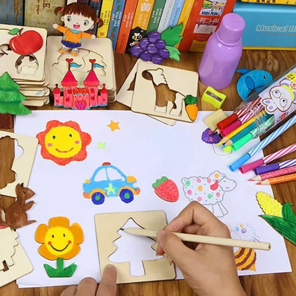 20 pçs de madeira diy pintura modelo estênceis aprendizagem brinquedos educativos montessori crianças desenho brinquedos para crianças presentes