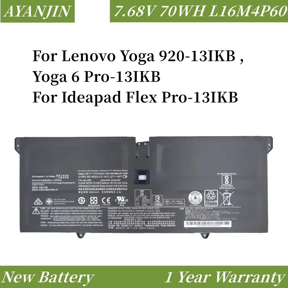 

L16M4P60 5B10N01565 7,68 V 70WH Аккумулятор для ноутбука Lenovo Yoga 920-13IKB ,Yoga 6 Pro-13IKB для Ideapad Flex Pro-13IKB L16C4P61