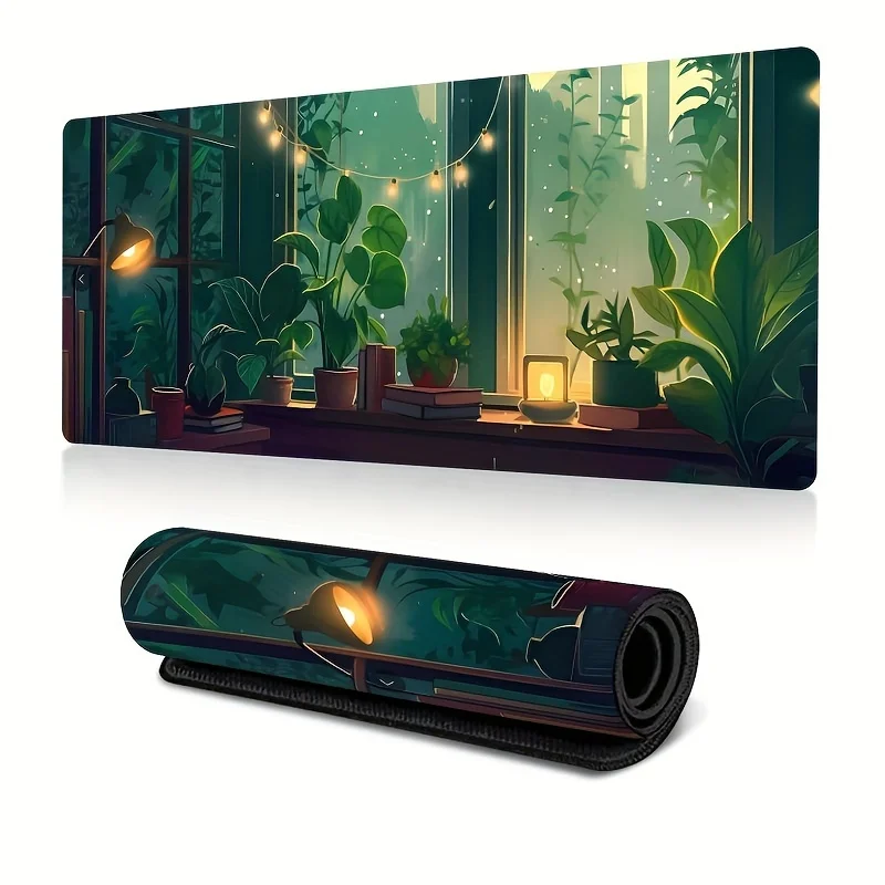 XXL Anime Forest Desk Mat Ergonomic Non-Slip Rubber Mouse Pad Vibrant Green Plant Design for PC Laptop Keyboard and Office Decor
