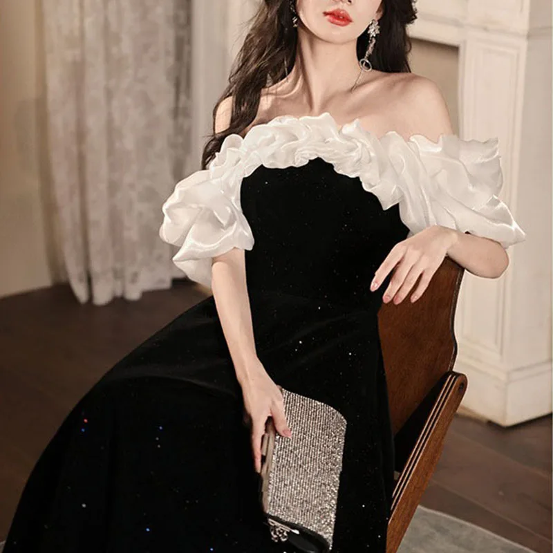 Elegant French Sexy Off Shoulder A-Line Maxi Formal Dresses for Women 2025 Summer Black Prom Evening Guest Long Party vestidos