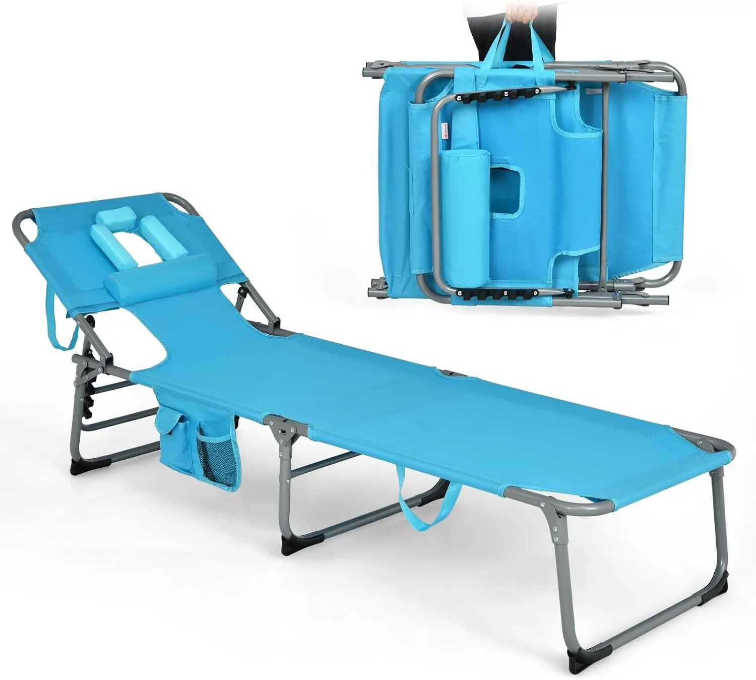 

Tanning Chair, Folding Adjustable Patio Lounge Chair with Face Hole, Removable Pillow, 330LBS, Carry Strap, Outdoor