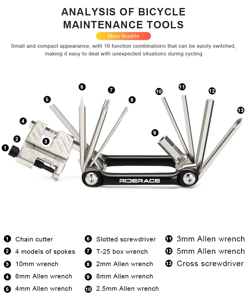 RIDERACE Bike Multi Tool 16 in 1 Portable Chain Splitter Cutter CR-V Steel Hex Allen Wrench Screwdriver Bicycle Repair Tools