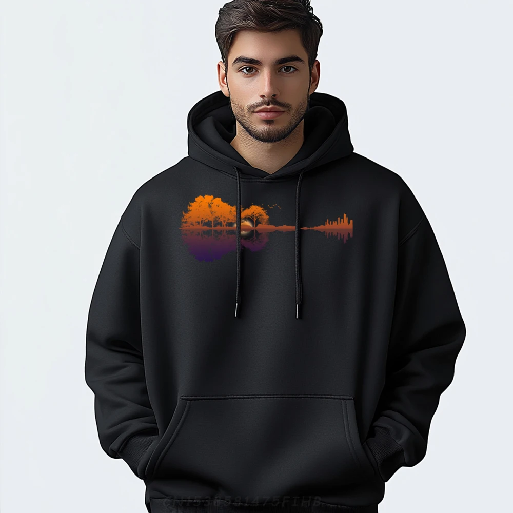 

Guitar Lake Reflections Music Lover Mens Clothing Graphic Pullover Hoodies England Style Man Sweatshirts