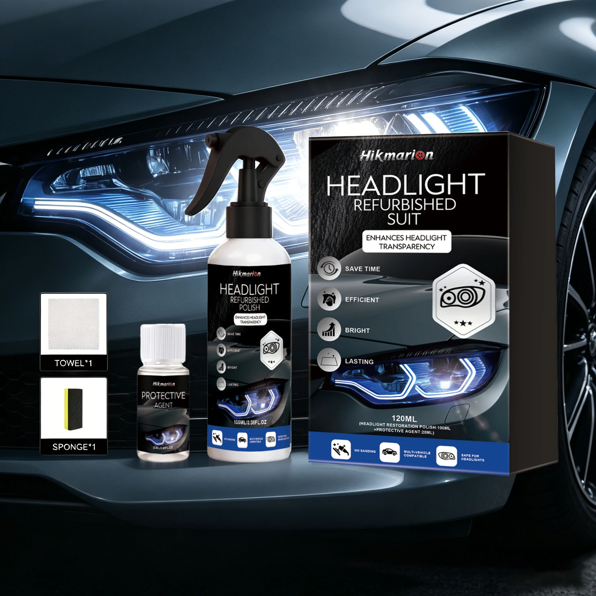 Car Headlight Restoration Kit No Sanding Car Headlight Cleaner for Foggy Yellow Lenses UV Protection Polish Repair Liquid
