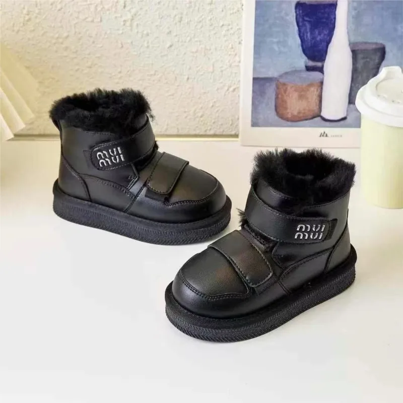 Children's Fleece-Lined Cotton Boots 2024 Winter New Style Snow Boots Leather Integrated Thickened Cotton Shoes Baby Boots