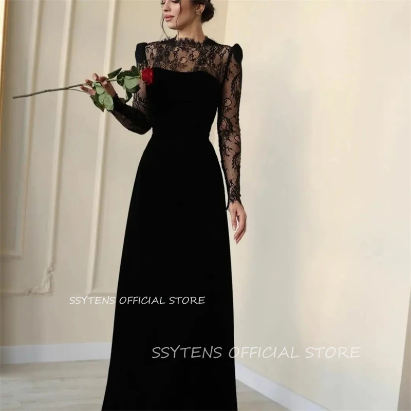 Elegant Black Lace A Line Prom Dresses Full Sleeves Sexy Formal Dress Robe De Soirée O Neck Evening Dress for Women Abendkleid