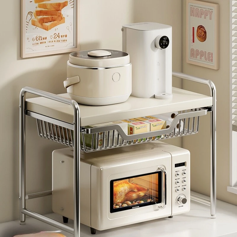 

Nordic Creamy Microwave Stand with Drawer Countertop Storage Rack for Oven & Rice Cooker Adjustable Kitchen Organizer